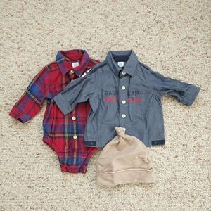 Lot Of 3 Baby Gap Rabbit + Bear Boy 3-6M Fall Spring Cotton Overall Shirt Hat
